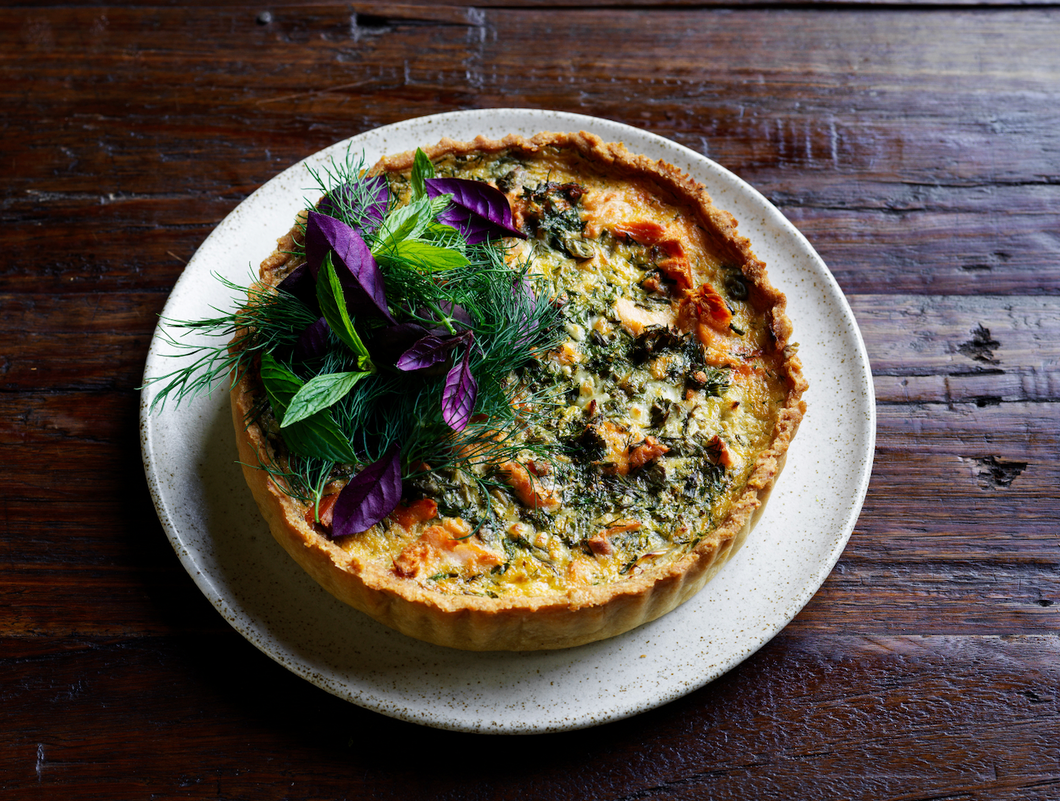 PRE-ORDERS CLOSED: Herby Greens, Caper & Smoked Salmon Tart